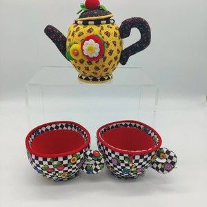 MARY ENGLEBREIT Fabric Pincushion Teapot Cherries Yellow and two Cups